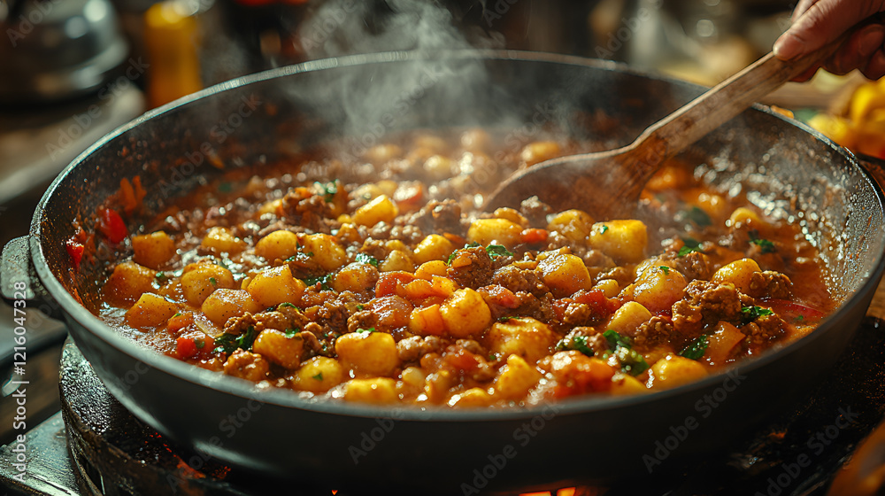 Cooking stew in a large metal pan with colorful vegetables, wooden spoon stirring, steam rising, and warm tones in a rustic kitchen scene Cooking stew in a large metal pan with colorful vegetables, wooden spoon stirring, steam rising, and warm tones in a rustic kitchen scene