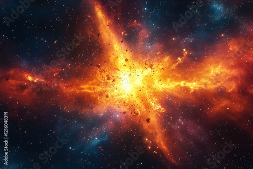 A supernova explosion, bursting with vibrant colors and energy, with debris and stardust scattering in all directions