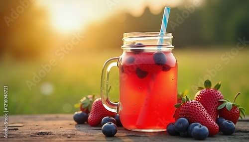 Refreshing fruit punch with berries on wooden table, summer picnic beverage inspiration