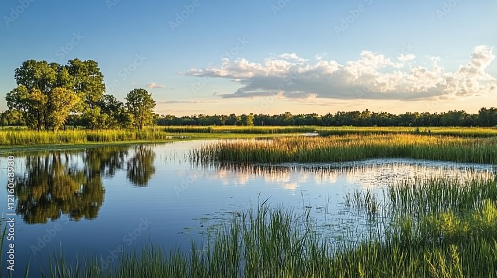 Peaceful reflection of nature in a serene river landscape with golden light at sunset Peaceful reflection of nature in a serene river landscape with golden light at sunset