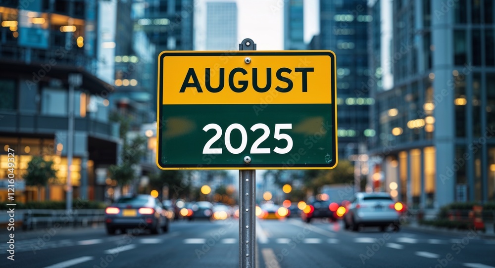 august 2025 text on road sign in middle of modern business city background august 2025 text on road sign in middle of modern business city background