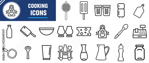 Cooking and kitchen line icon collection. Boiling time, Frying pan and Kitchen utensils. Fork, spoon and knife line icons. Recipe book, chef hat and cutting board. Vector illustration.