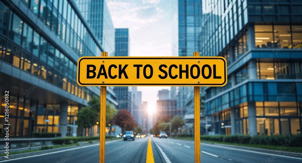 back to school text on road sign in middle of modern business city background back to school text on road sign in middle of modern business city background