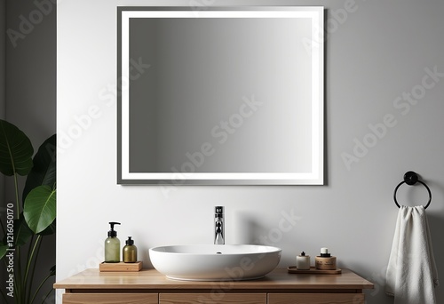 Modern Rectangular Mirror: Vertical Wall Mount, Above Sink, Clean Bathroom, Product Catalog Shot, Front View, Minimalist Design, Home Interior, Fixture Detail, Setting

