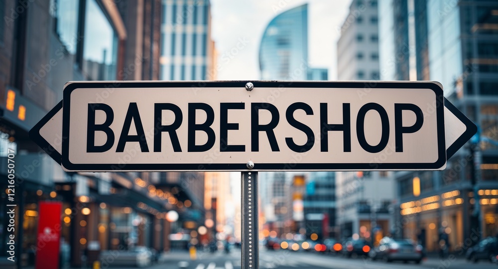 Obraz premium Barbershop text on road sign in middle of modern business city background