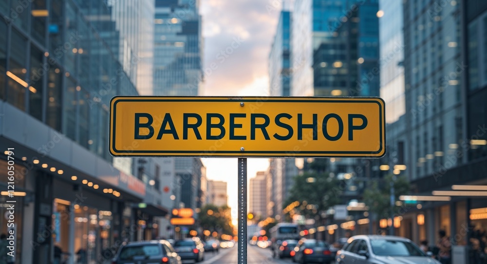 Obraz premium Barbershop text on road sign in middle of modern business city background