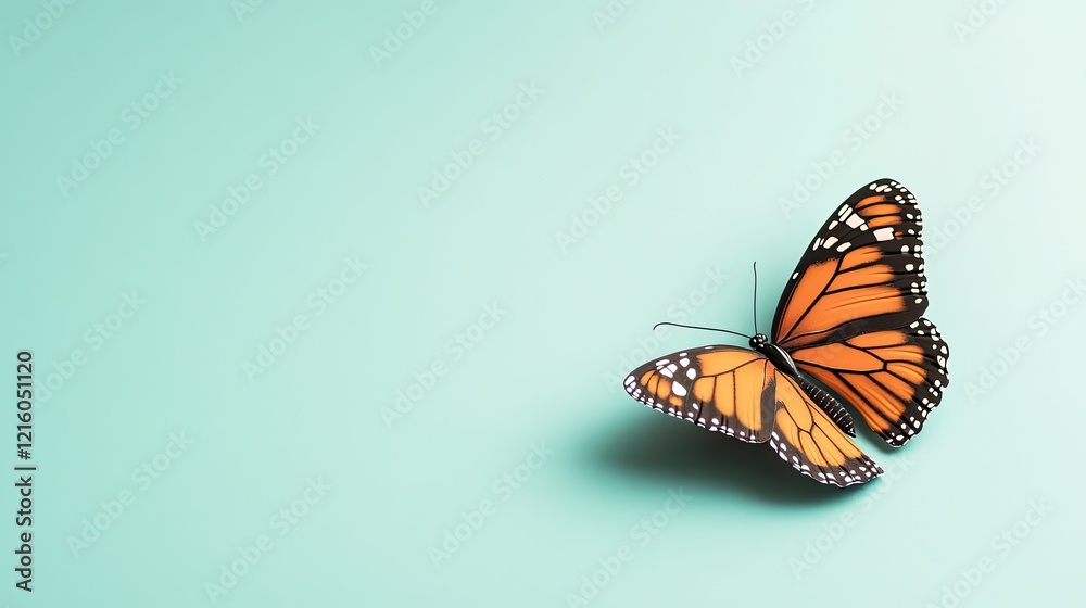 Fototapeta premium decorative butterfly ornament resting on matte turquoise background with faint light gradients