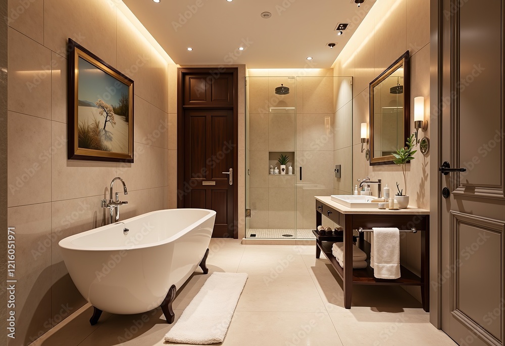 High-End Bathroom with Clear Walls: Luxurious Design, Modern Fixtures, Spacious Layout, Upscale Decor, Elegant Style, Interior View, Architectural Detail, Home Setting
High-End Bathroom with Clear Walls: Luxurious Design, Modern Fixtures, Spacious Layout, Upscale Decor, Elegant Style, Interior View, Architectural Detail, Home Setting