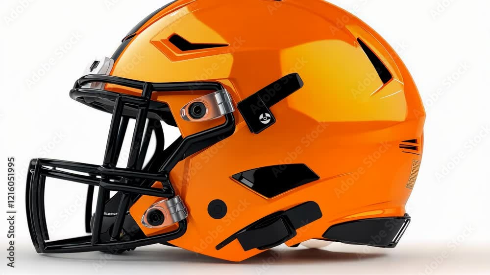 Bright orange football helmet displayed on a clean background showcasing modern design elements and protective features