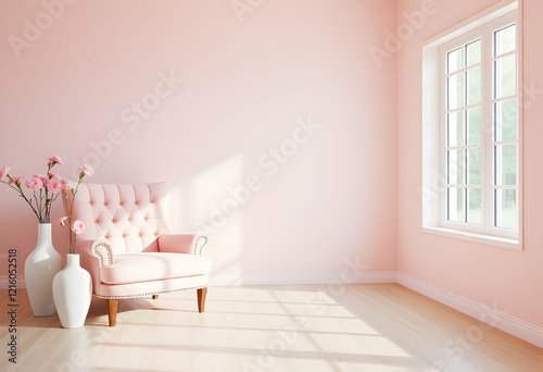 pastel pink interior, minimalist room design, bright natural lighting, vibrant red armchair, tufted velvet chair, white ceramic vases, hardwood flooring, floor-to-ceiling French doors, light brick wal photo