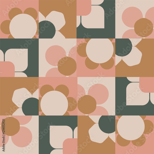 Abstract geometric floral pattern with flowers arranged in mosaic tiles in a subtle color palette of pink, yellow, green and off white. A seamless vector pattern. Great for homedecor, fabric,wallpaper