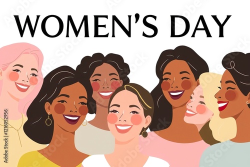 Vibrant banners and cards for Women's Day, featuring a diverse group of women smiling joyfully together, celebrating unity and strength on March 8 photo