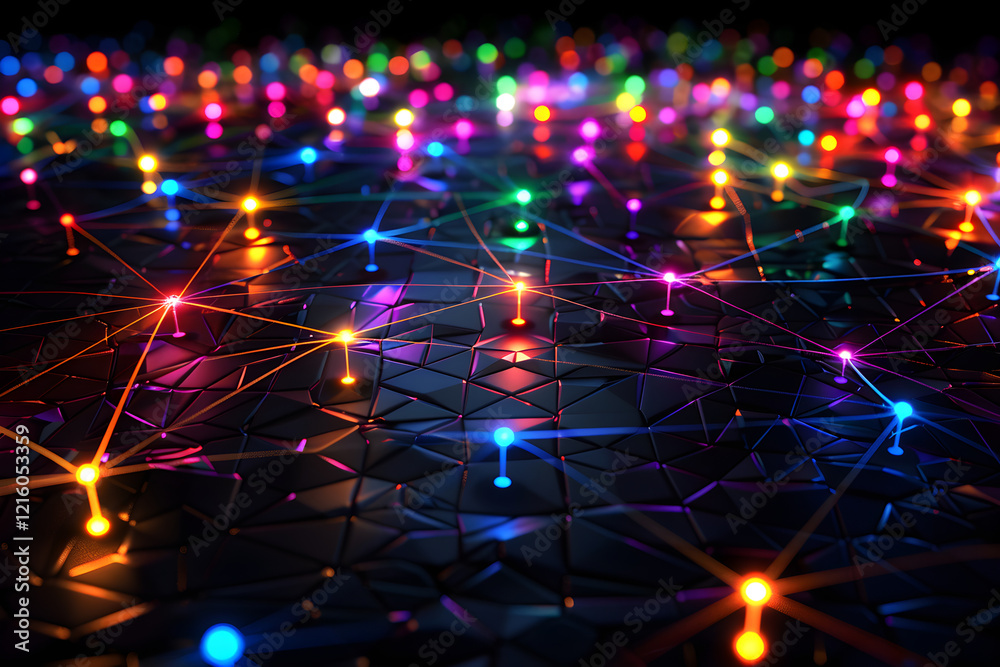 Vibrant Digital Network Showing Interconnected Glowing Nodes and Lines on Dark Background Representing Data Connectivity Vibrant Digital Network Showing Interconnected Glowing Nodes and Lines on Dark Background Representing Data Connectivity