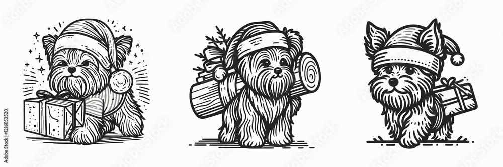 Fototapeta premium Three festive dogs in Santa hats, each carrying gifts, embodying holiday cheer and cuteness.