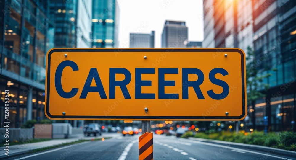 Careers text on road sign in middle of modern business city background Careers text on road sign in middle of modern business city background