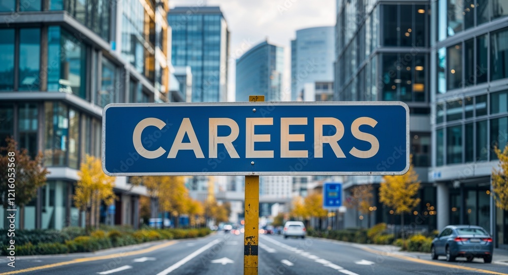 Careers text on road sign in middle of modern business city background Careers text on road sign in middle of modern business city background
