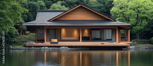 Modern wooden house by serene lake.