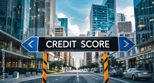 Credit score text on road sign in middle of modern business city background