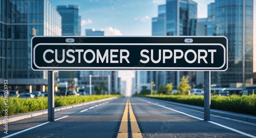 customer support text on road sign in middle of modern business city background