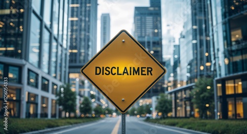 Disclaimer text on road sign in middle of modern business city background
