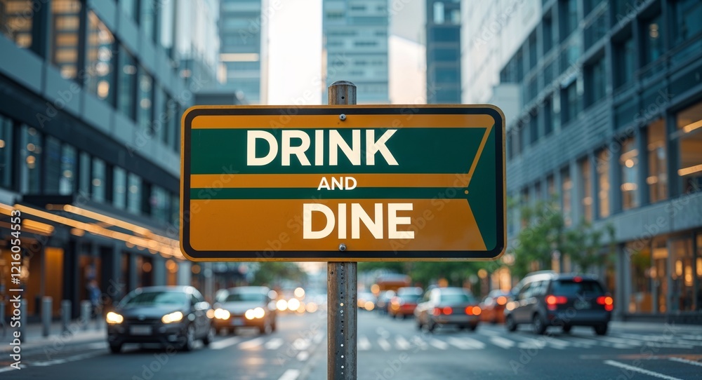 drink and dine text on road sign in middle of modern business city background drink and dine text on road sign in middle of modern business city background