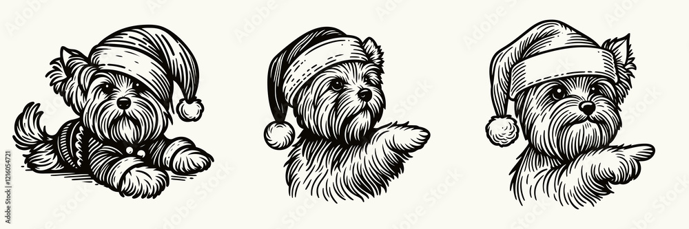 Three festive dogs wearing Santa hats, each with unique expressions, exuding holiday cheer and charm. Three festive dogs wearing Santa hats, each with unique expressions, exuding holiday cheer and charm.