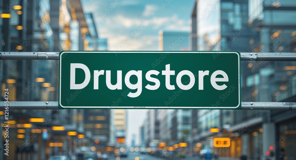 Drugstore text on road sign in middle of modern business city background Drugstore text on road sign in middle of modern business city background