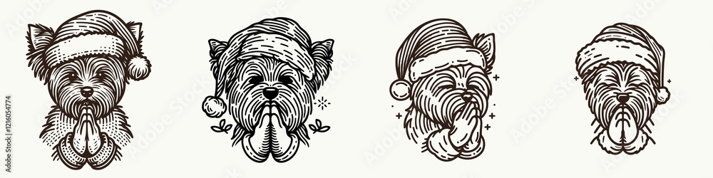 Fototapeta premium Four whimsical dog illustrations wearing Santa hats, showcasing different expressions in a festive, playful style.
