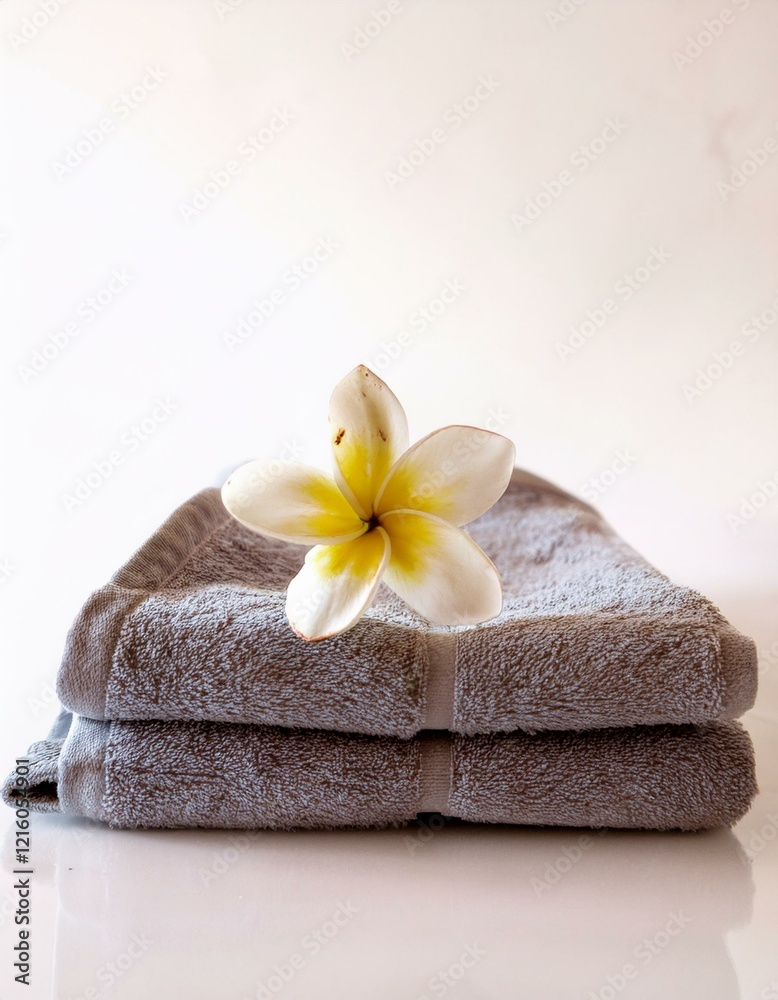 Spa-like serenity: Soft gray towels and a delicate white flower. Spa-like serenity: Soft gray towels and a delicate white flower.