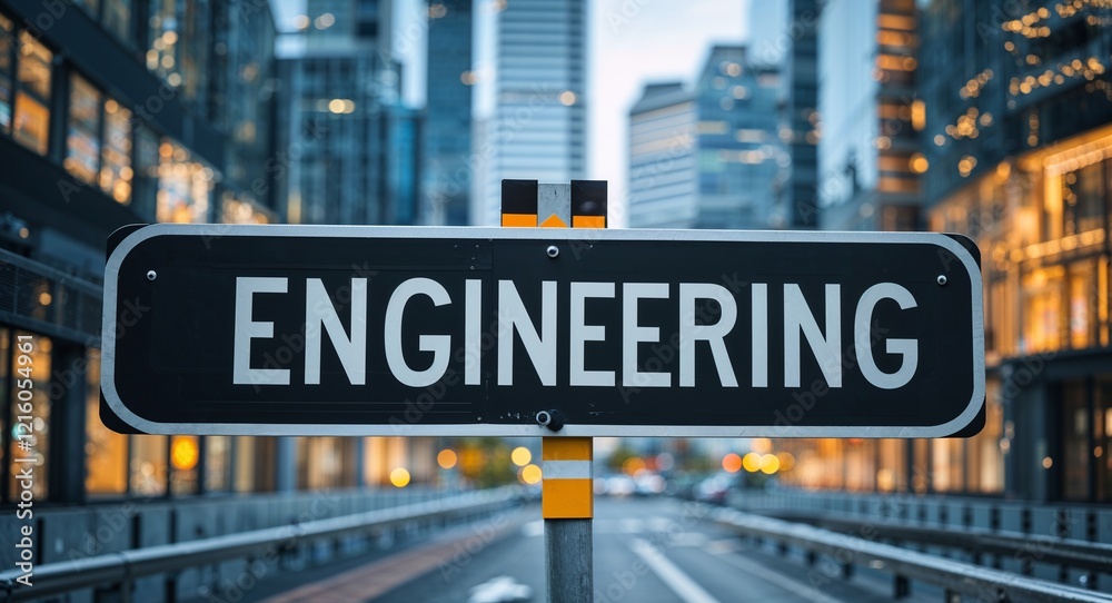 Obraz premium engineering text on road sign in middle of modern business city background