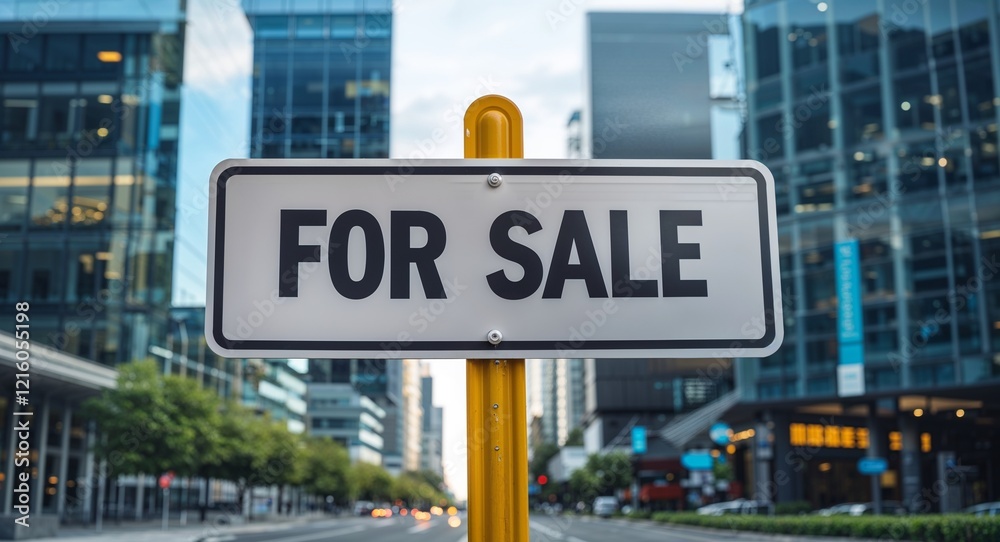 Obraz premium for sale text on road sign in middle of modern business city background