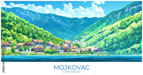 Mojkovac Montenegro Travel Poster Flat Illustration Print Decor Gift Canvas Wall Art photo