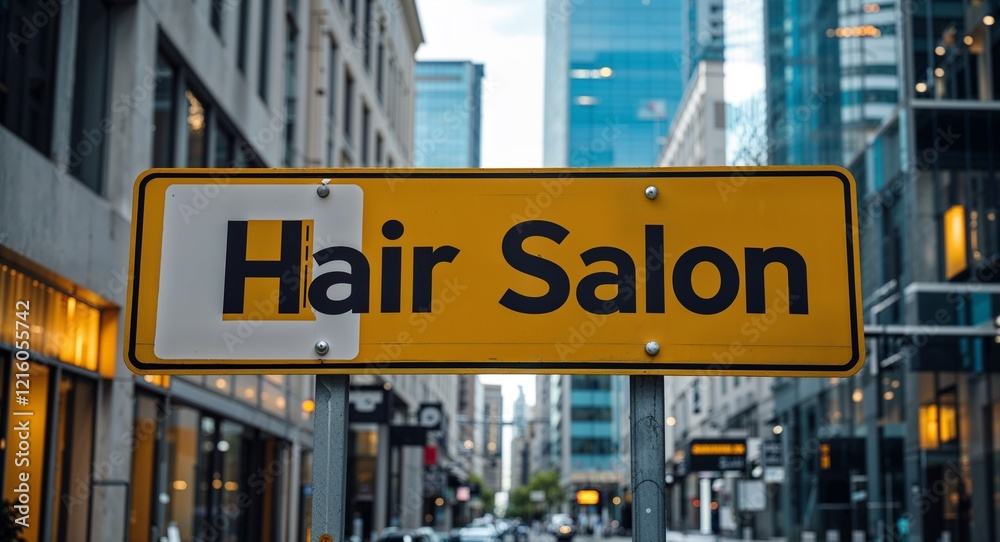 Obraz premium Hair salon text on road sign in middle of modern business city background