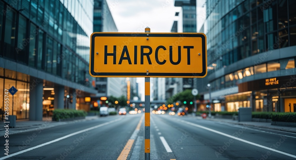 Obraz premium Haircut text on road sign in middle of modern business city background
