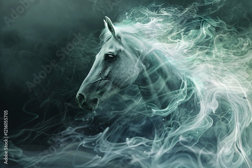 White horse emerging from green smoke on black background, fantasy concept photo