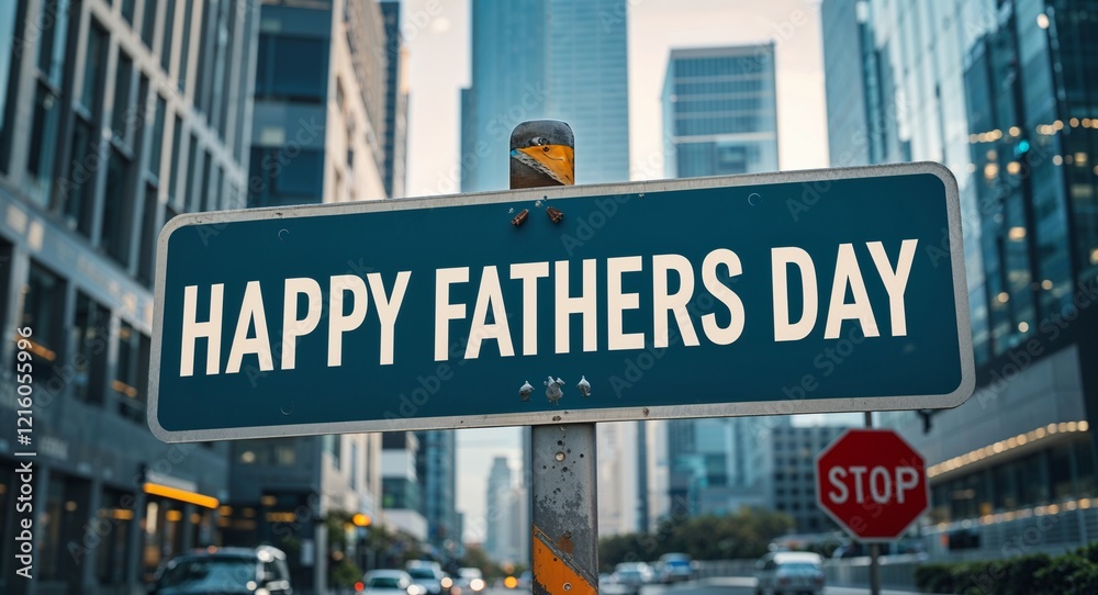 Obraz premium happy fathers day text on road sign in middle of modern business city background