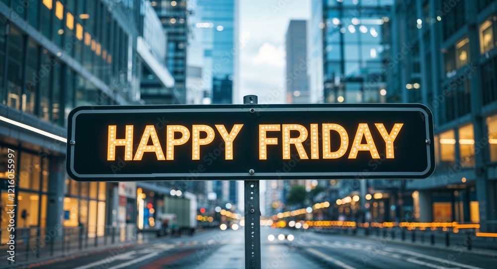 Obraz premium happy Friday text on road sign in middle of modern business city background