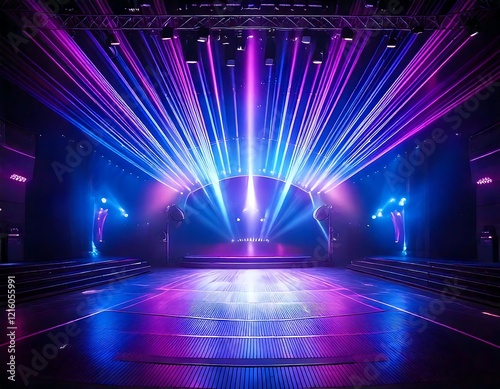 A stage illuminated with vibrant purple and blue lights, creating a dynamic and energetic