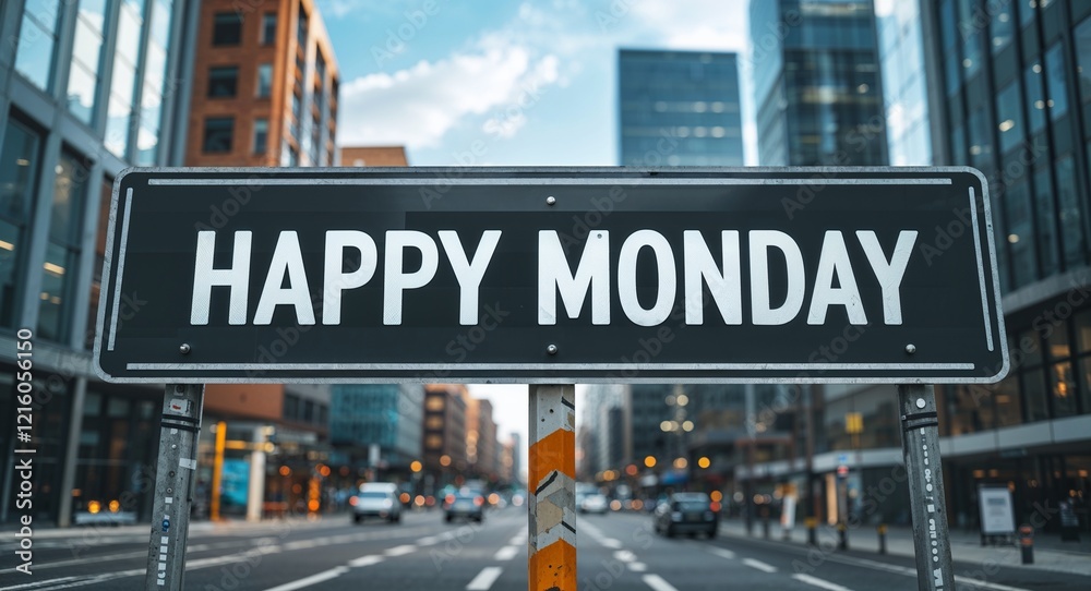 happy Monday text on road sign in middle of modern business city background happy Monday text on road sign in middle of modern business city background