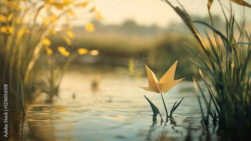 Paper origami crane floating serenely on calm water surrounded by yellow flowers at sunrise photo