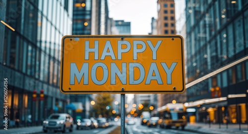 happy Monday text on road sign in middle of modern business city background