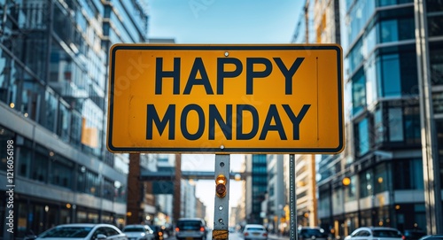 happy Monday text on road sign in middle of modern business city background