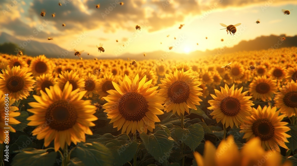 Fototapeta premium Bees pollinating sunflowers at sunset, mountain backdrop, nature