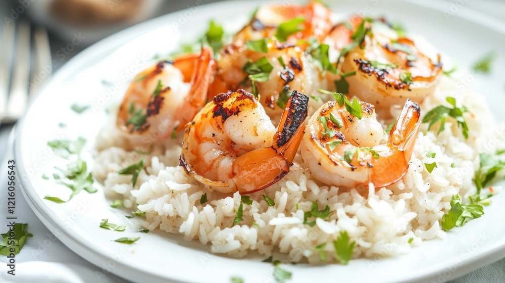 Plate of rice topped with grilled shrimp and fresh herbs in a contemporary dish with light sauce. Highlighting combination and presentation for gourmet dining and seafood recipes with vibrant colors. Plate of rice topped with grilled shrimp and fresh herbs in a contemporary dish with light sauce. Highlighting combination and presentation for gourmet dining and seafood recipes with vibrant colors.
