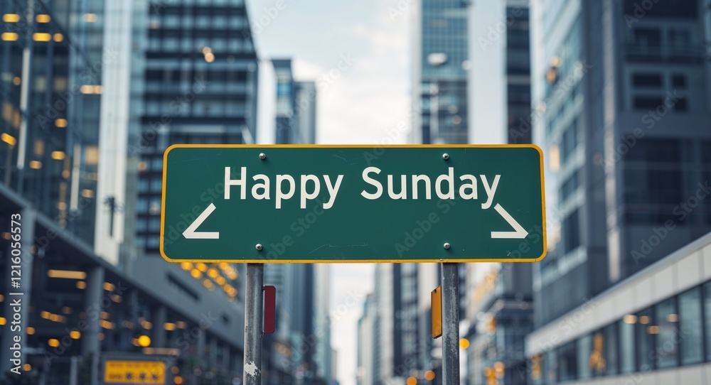 happy Sunday text on road sign in middle of modern business city background happy Sunday text on road sign in middle of modern business city background
