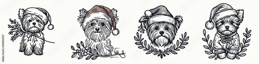 custom made wallpaper toronto digitalFour festive dogs wearing Santa hats and surrounded by holiday decorations, showcasing a cheerful Christmas spirit.