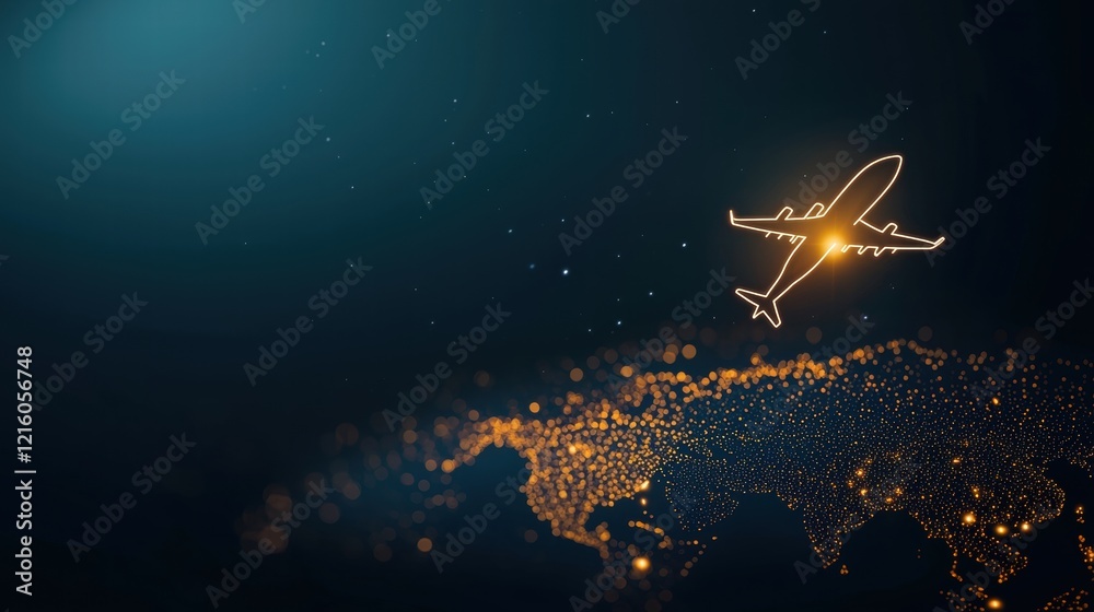 Obraz premium global Airplane Icon A silhouette of a passenger airplane flying over a world map, connecting major cities with flight paths, illustrating global travel and connectivity.