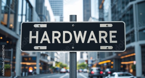 Hardware text on road sign in middle of modern business city background