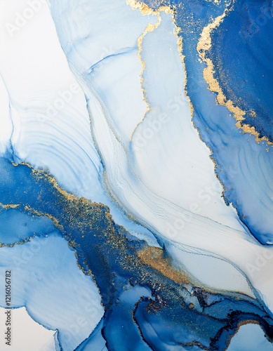 Abstract Blue and Gold Ink Wash Painting photo