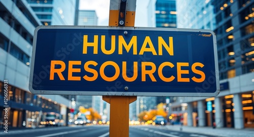 human resources text on road sign in middle of modern business city background